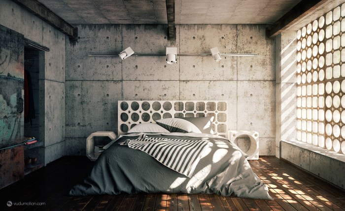 Desain kamar tidur industrial dengan aksesori logam