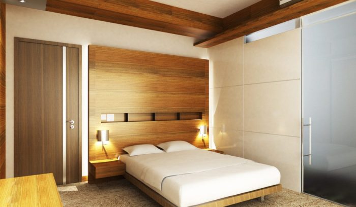 Konsep desain kamar tidur dengan aksen kayu dan batu